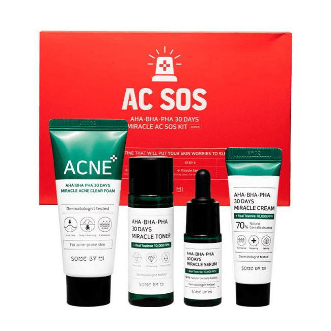 Aha-Bha-Pha 30 Days Miracle Ac S.O.S Kit (Foam 30ml, Toner 30ml,
Serum 10ml,
Cream 20g)